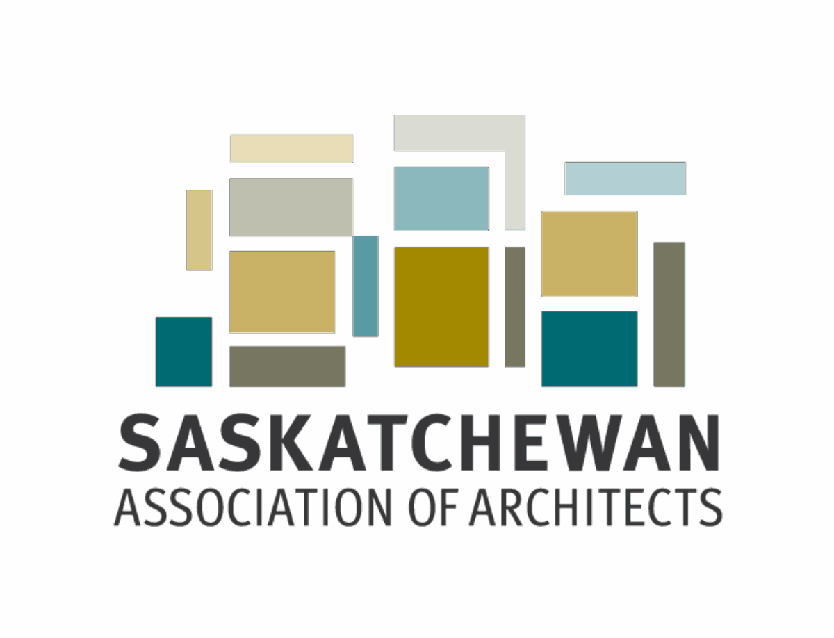 Logo of the Saskatchewan Association of Architects, featuring abstract geometric shapes in various shades of green, blue, grey, and beige—evoking the essence of Spring on the Prairie—arranged in a visually balanced, modern pattern above the organization's name in bold, grey letters.