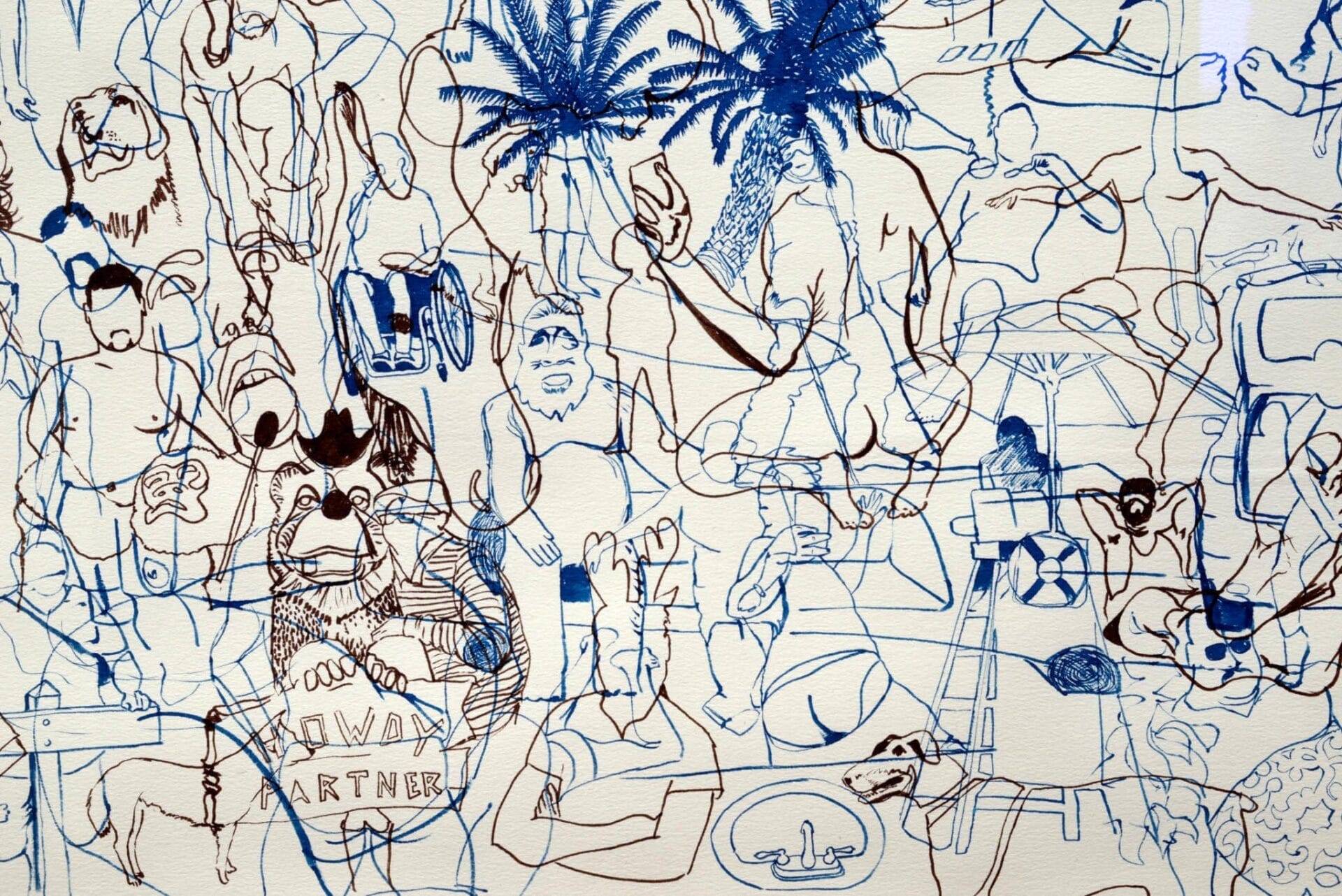 A dense, intricate line drawing composed of various abstract and identifiable figures intertwined. Elements include human-like figures, animals, trees, and objects, all drawn in blue ink. The composition is chaotic yet captivating, with no clear focal point.