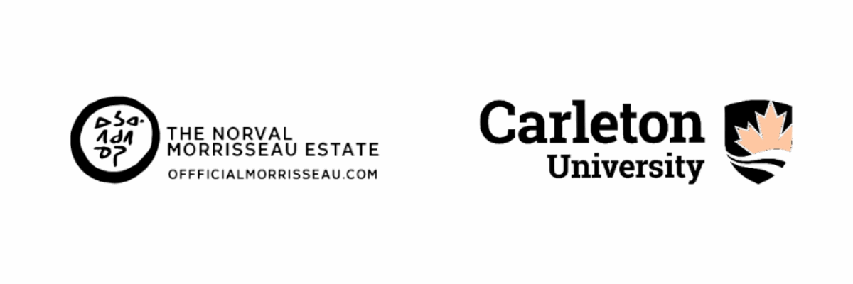 The image features the logos of The Norval Morrisseau Estate and Carleton University. The Norval Morrisseau Estate logo, embodying abstract figures, connects deeply to the rich Norval Morrisseau Storylines, while Carleton University's logo includes its name and a shield with a maple leaf.