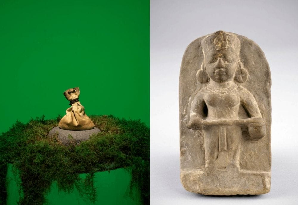 The image is split into two halves. The left side features a small, closed, beige drawstring bag placed on a mossy surface with a vivid green backdrop. The right side shows a stone relief sculpture of a standing figure with one arm raised, set against a gray background.