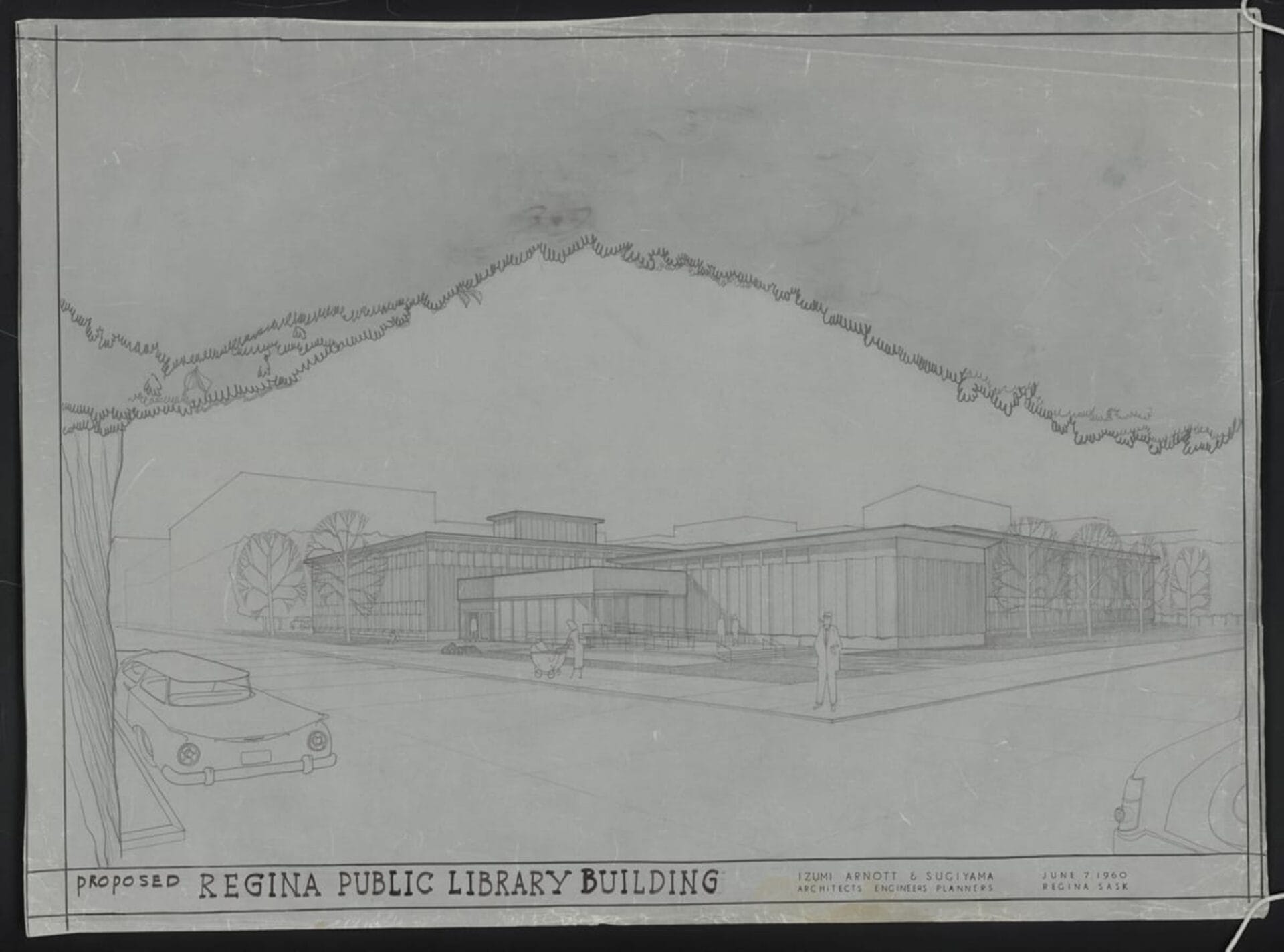 Architectural sketch of the proposed Regina Public Library building, showcasing a modern, single-story structure with large windows and surrounding trees. Two people are drawn walking on the sidewalk, and a car is parked on the street in the foreground, illustrating the building blocks of community engagement.