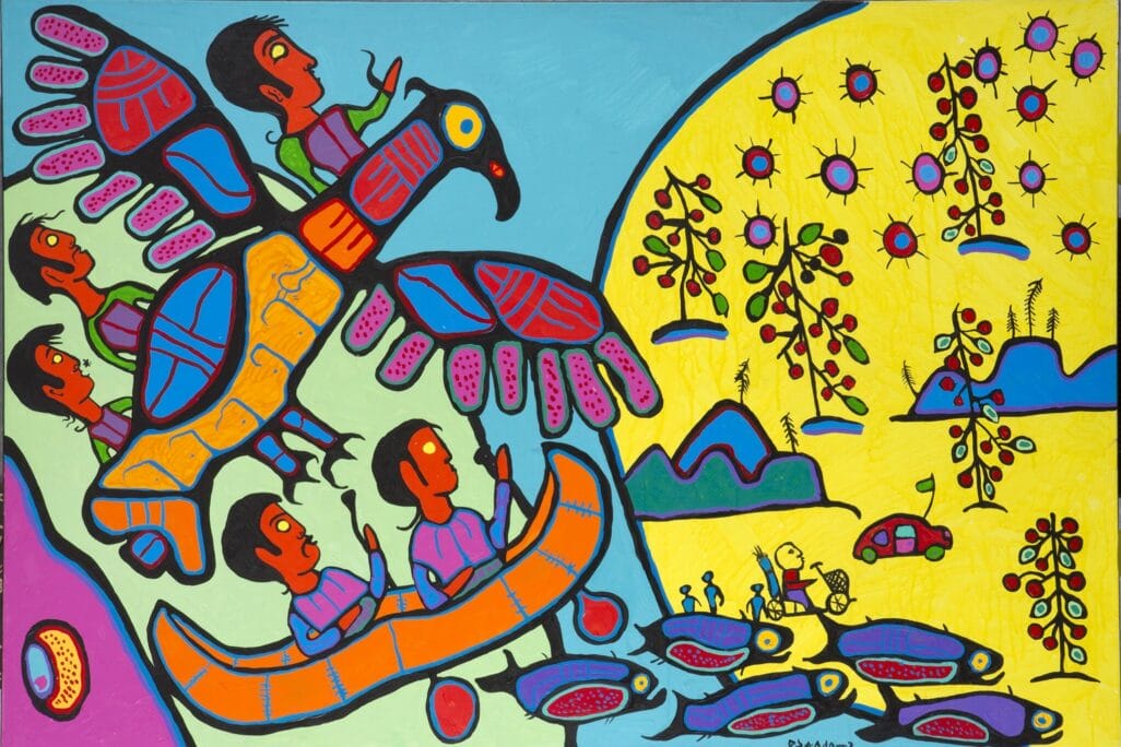 A vibrant, colorful painting features people in a canoe and a bird-shaped airplane soaring above. Fish swim below in a river. On the right, more individuals, trees with flowers, and a red car in a yellow field under a blue sky evoke Norval Morrisseau storylines.