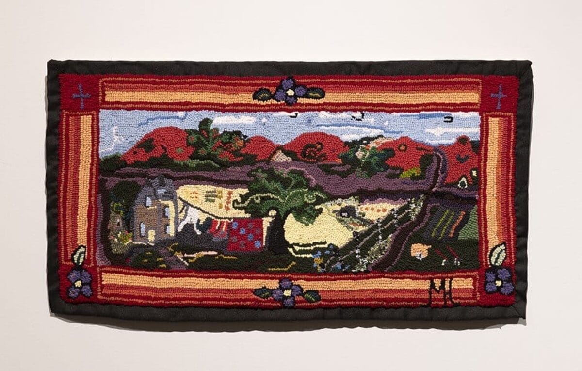 Hooked rug depicting traditional Métis floral designs and the artists home in south Saskatchewan.