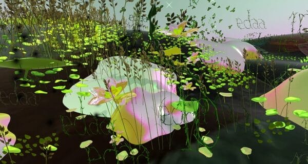 A digital artwork depicts an abstract, lush landscape with floating lily pads, green plants, and soft pastel-colored shapes. Delicate flowers and leafy stems mix with stylized text reading 