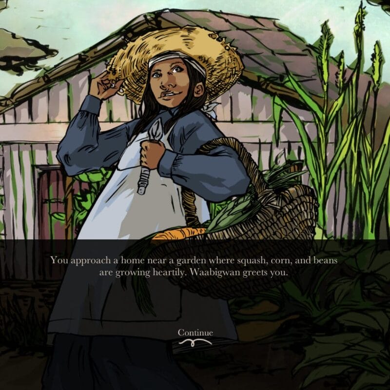 A person stands in a garden near a house, wearing a hat and holding a woven basket filled with green vegetables. Squash, corn, and beans are growing abundantly. The text box at the bottom says,