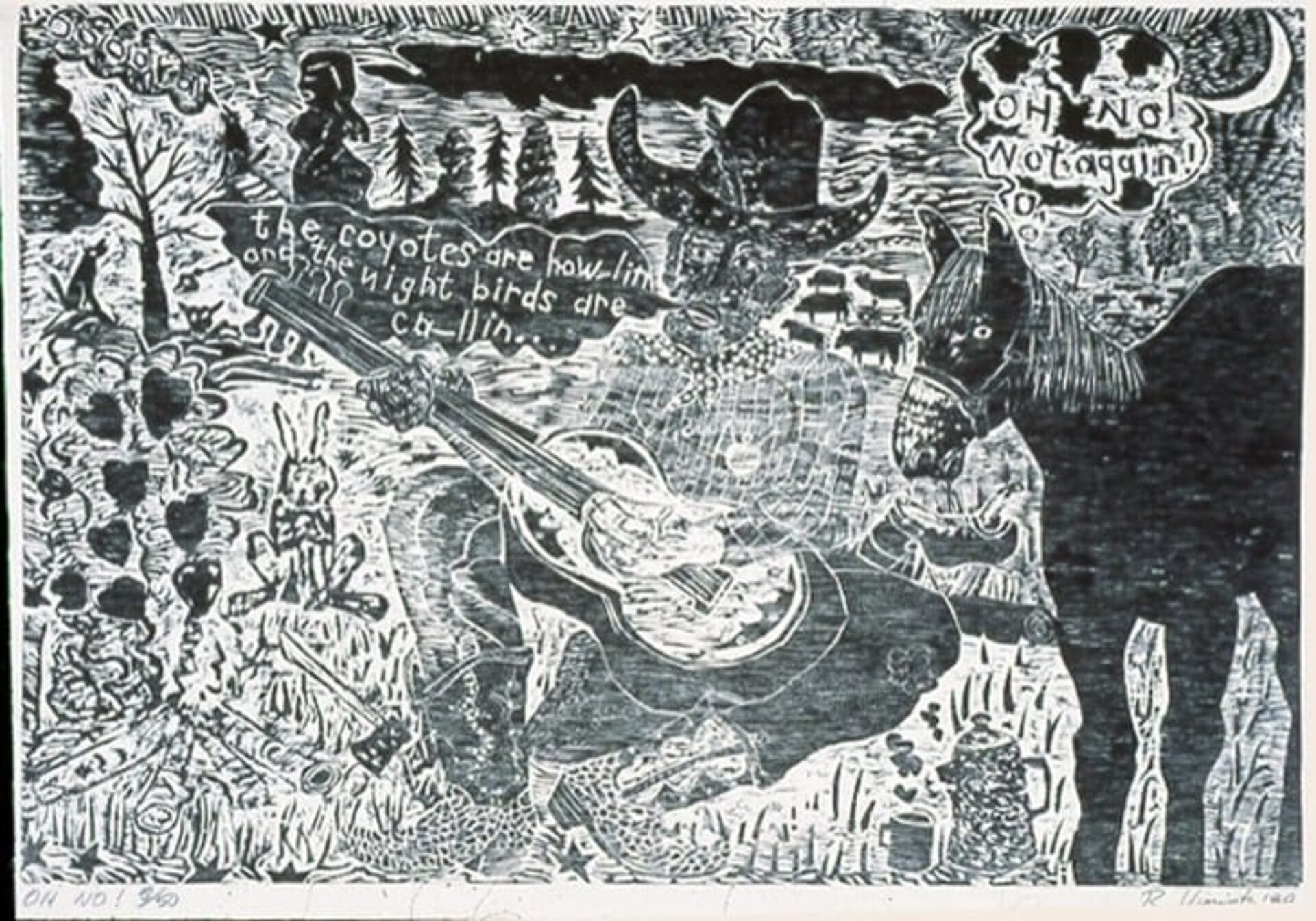 A black-and-white drawing depicts a figure in a cowboy hat playing guitar, surrounded by animals like coyotes, birds, and a horse. Speech bubbles read,