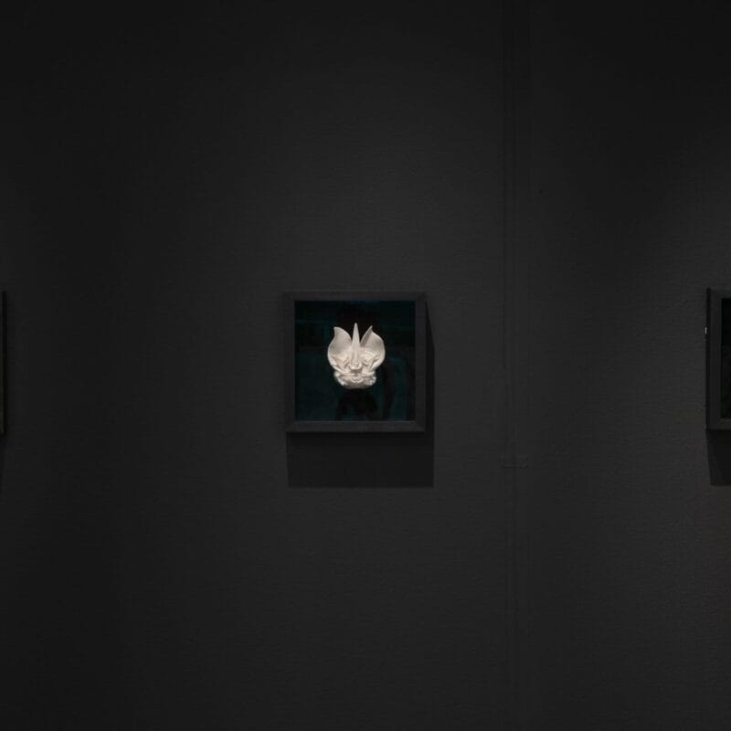 A dark gallery wall displays three framed pieces of white artwork. Each frame contains a different white sculpted object, individually spotlighted against a dark background. The lighting focuses attention on the objects, highlighting their details.