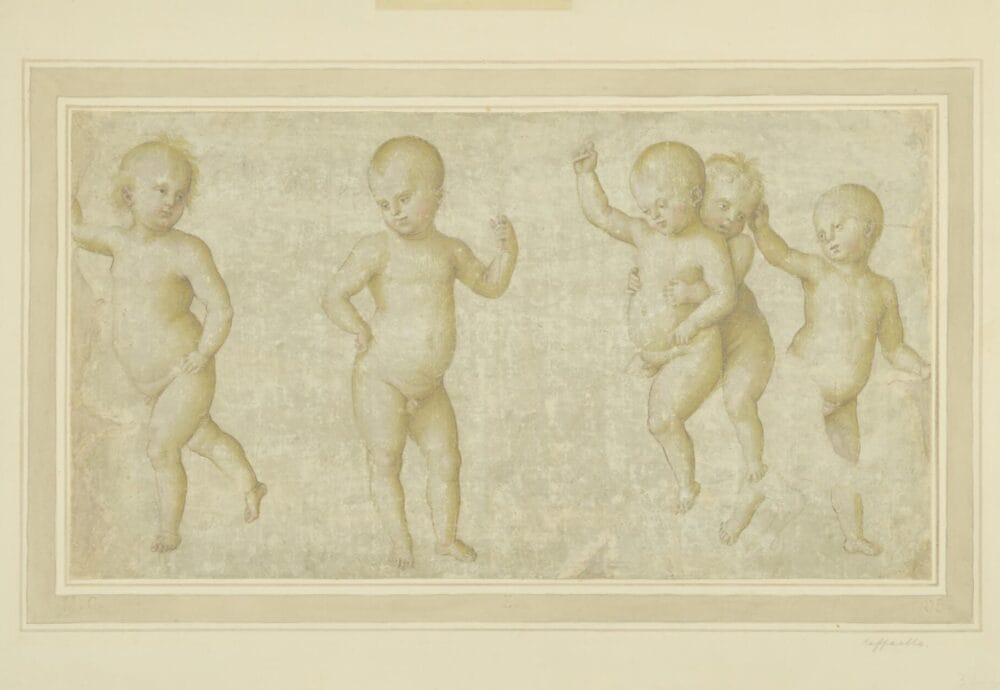 Une œuvre d'art classique représentant cinq enfants chérubins dans diverses poses ludiques. L’arrière-plan est une texture vieillie et sourde, soulignant la qualité éthérée de la scène. Chaque bébé est nu, avec des traits doux et arrondis et des postures expressives.