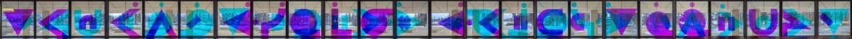 Window Installation by artist Joi T. Arcand in MacKenzie Lobby made of dichroic film, entire exhibit.