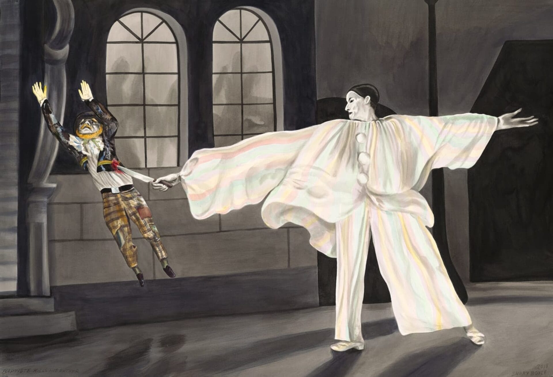 A watercolor painting depicts a mime dressed in a flowing, white-striped costume holding the hand of a colorful, jester-like figure who is leaping energetically. They are set in an atmospheric, theatrical scene reminiscent of a film screening of *Children of Paradise*, with large arched windows in the background.