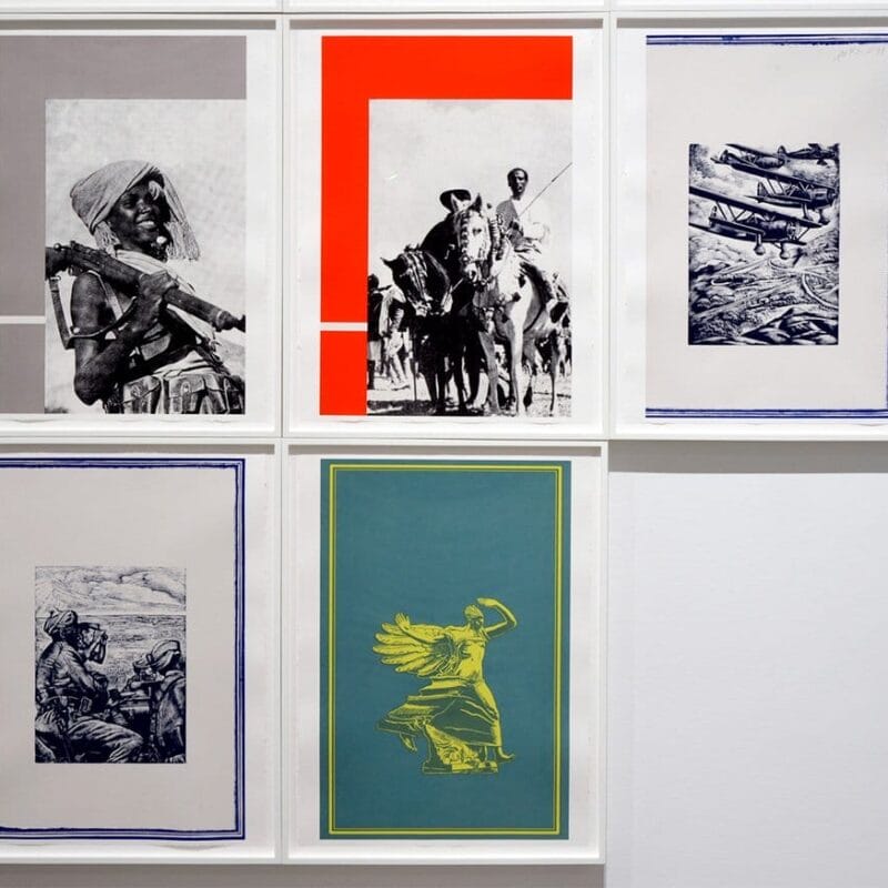 Installation of artist Dawit L. Petros, framed images on white wall.