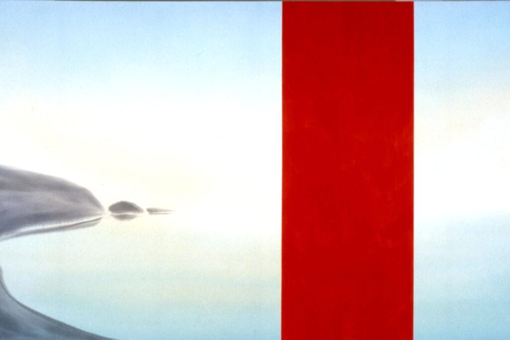 A serene, minimalistic painting featuring a soft gradient sky transitioning from light blue at the top to white at the bottom. The left side shows a subtle, grey, abstract landform with reflections on a still body of water. A bold, vertical red stripe dominates the right side, becoming giants in its presence.