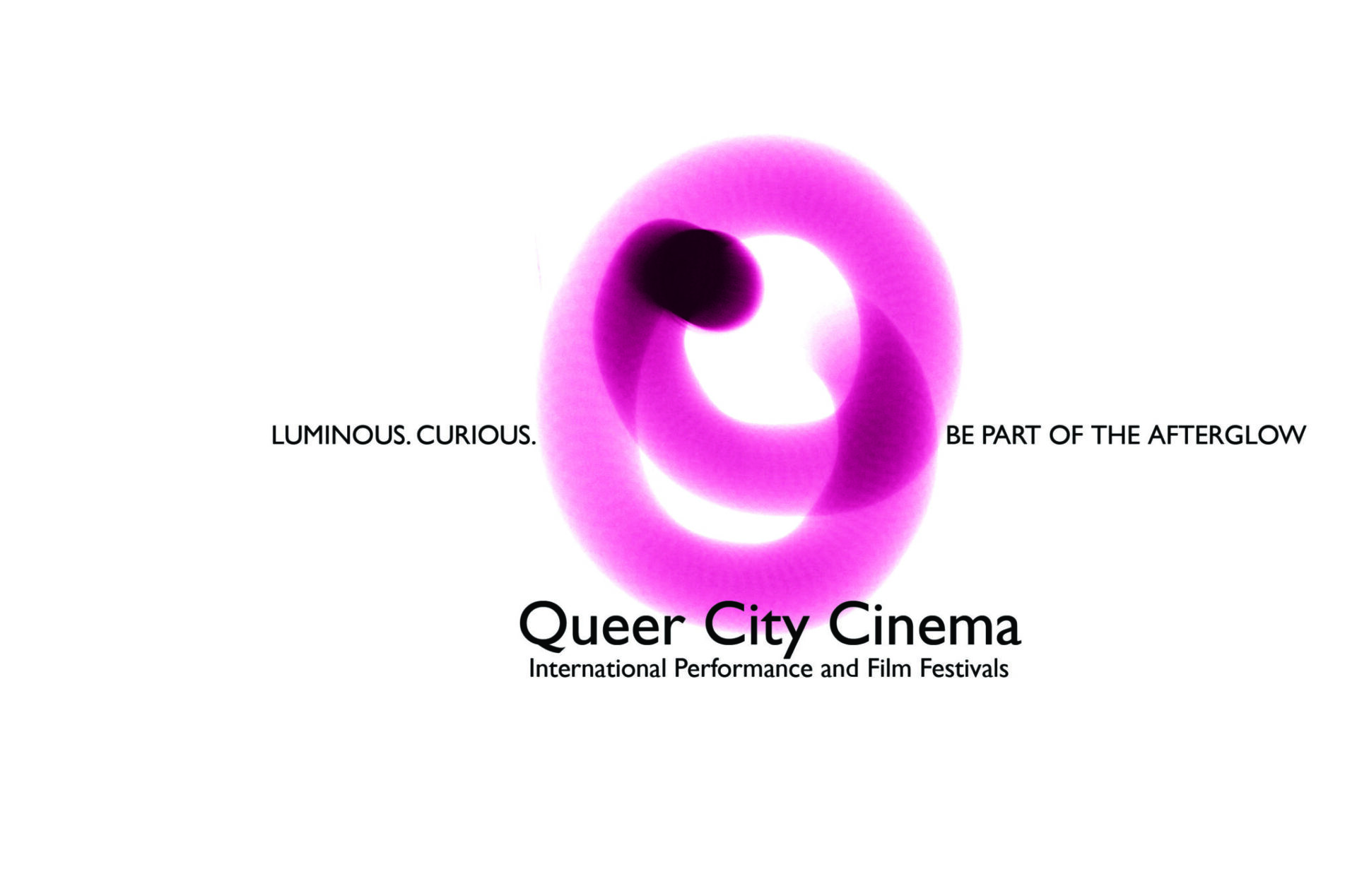A poster features overlapping, semi-transparent rings in magenta and purple on a white background. The text reads: 