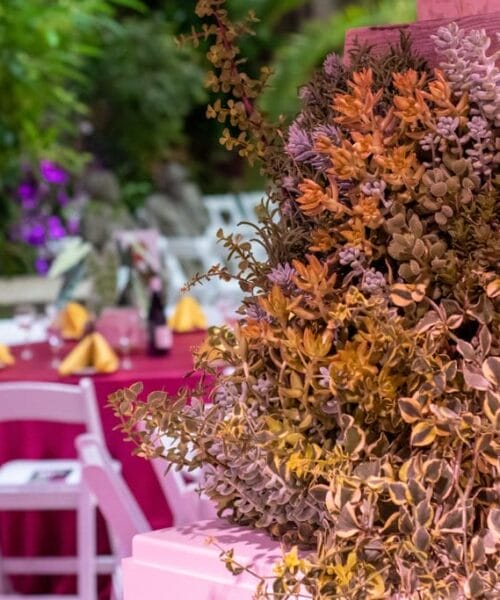 A vibrant indoor setting features a close-up of cascading succulents in a rustic wooden frame, with elegantly set round tables in the background. White chairs, pink tablecloths, and yellow napkins add a festive touch, while lush green foliage decorates the venue.