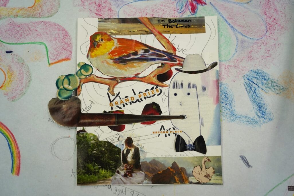 A colorful collage features a bird on a branch, a cowboy hat on a ghost-like figure labeled 