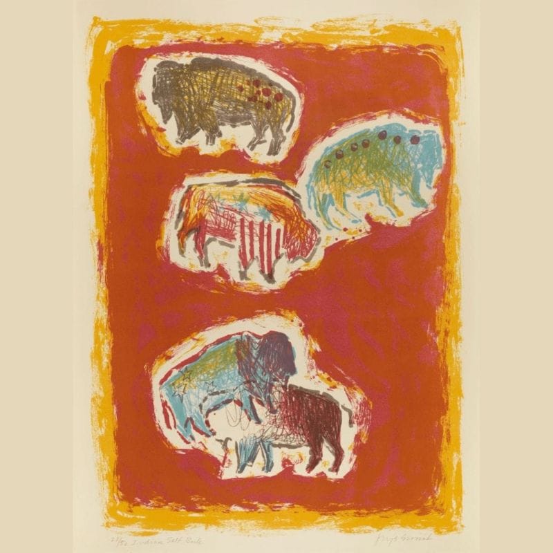 Colourful print with five buffalo on a red background with yellow boarders.