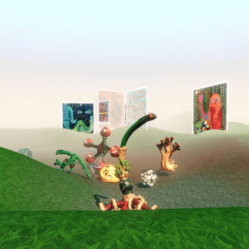 View in virtual reality of futuristic plant life in rolling green hills. Large floating canvases can be seen in the background
