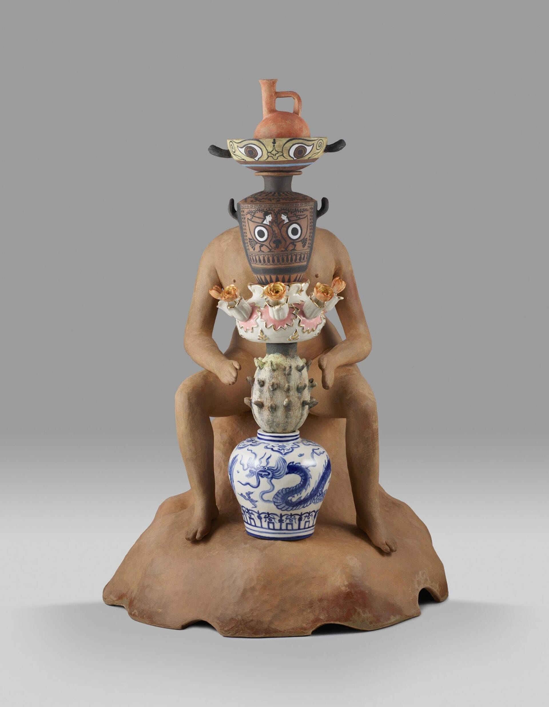 The Potter II, 2019. Terra cotta, porcelain, underglaze, china paint, lustre, brass, wood. 58 cm tall, 40 cm diameter base