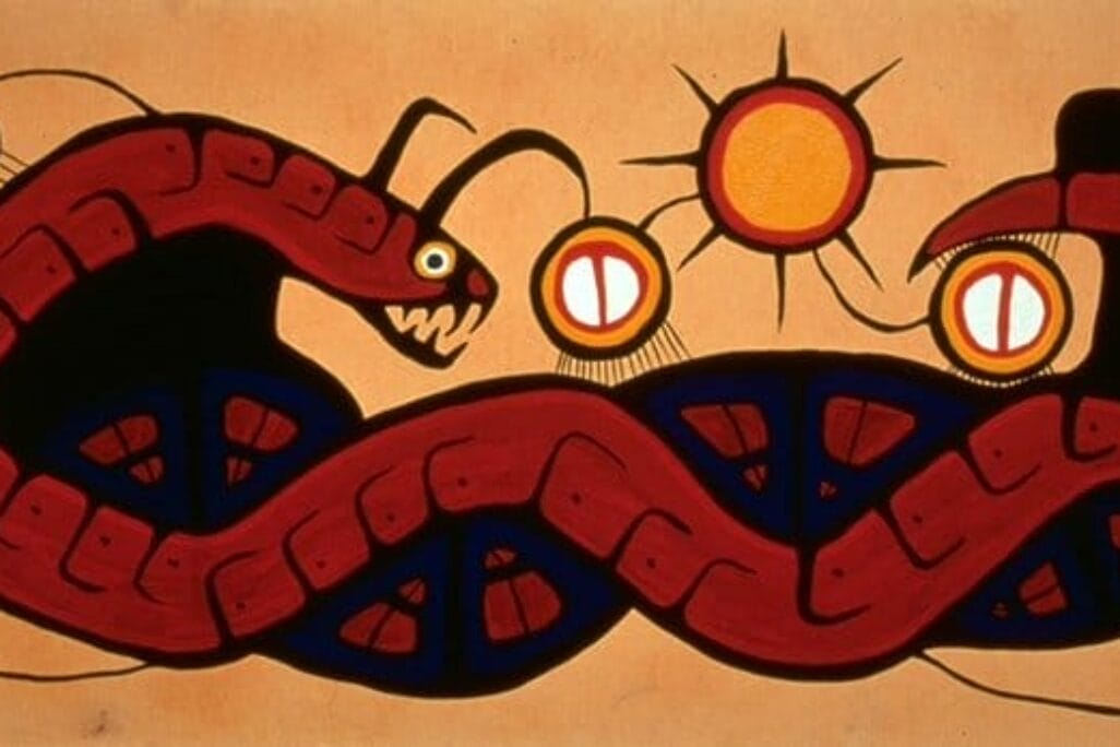 A vibrant painting depicts a large, red and black snake curving horizontally across a light brown background. The snake's mouth is open, and there are stylized sun and circle symbols connected by lines around the snake.
