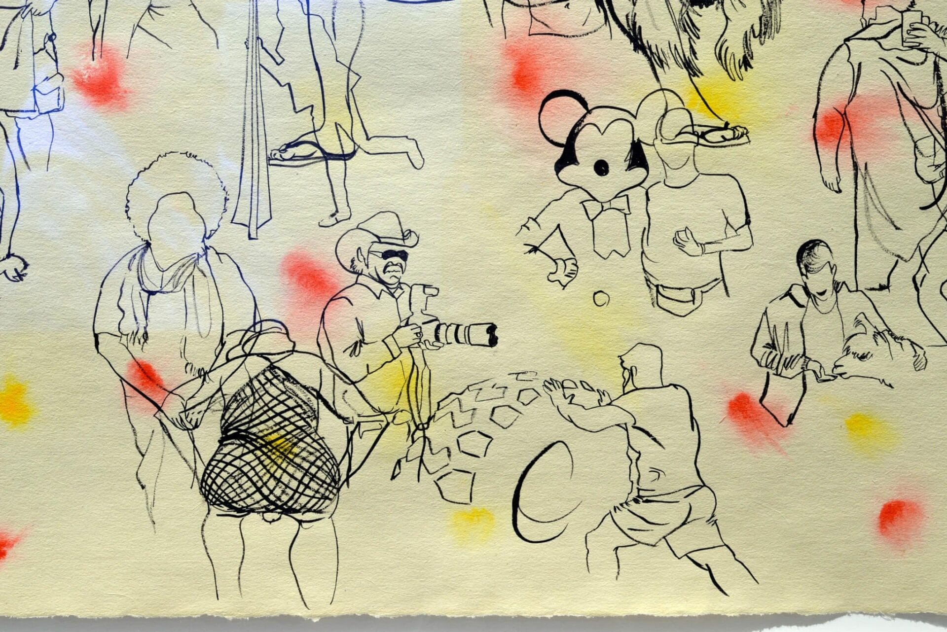 A detailed sketch featuring various scenes: a woman with an afro, a cowboy photographing, a person climbing a geometric sphere, and a figure with mouse ears. The background has red and yellow splatter effects.