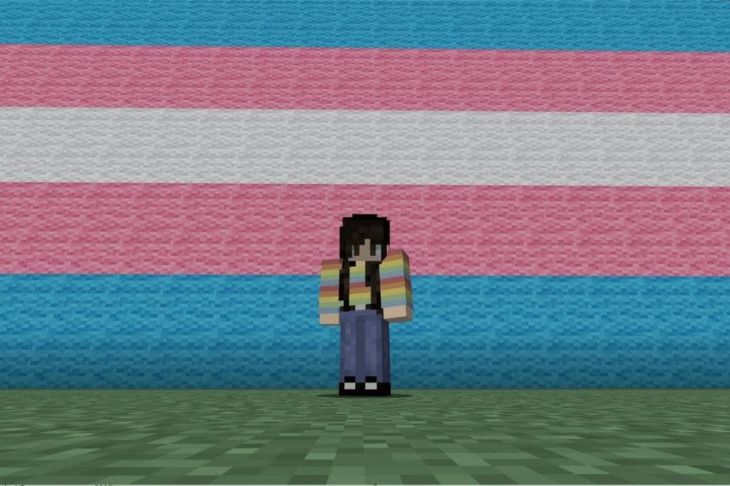 Minecraft Avatar isolated against a wall depicting the Transgender flag colours.
