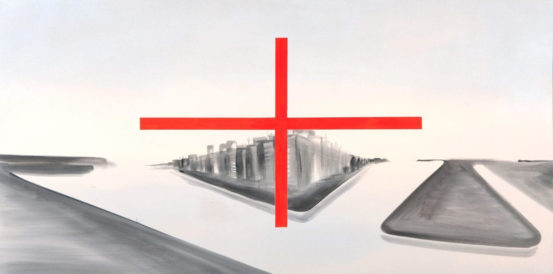 A grayscale painting depicting an abstract, foggy cityscape in the center, intersected by a bold red plus sign. The foreground shows blurred, angular structures on both sides, giving a sense of depth and perspective against a light background.