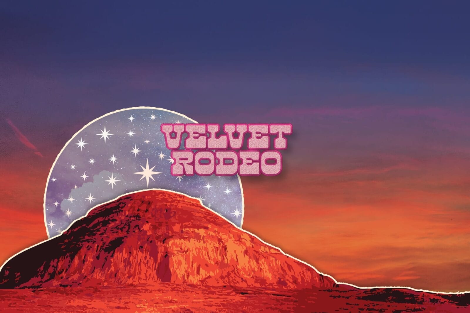 A stylized illustration of a desert hill at sunset with a starry moon in the sky. “VELVET RODEO” appears above the hill in bold pink, western-style font, celebrating The MacKenzie Gala 2025—Velvet Rodeo.
