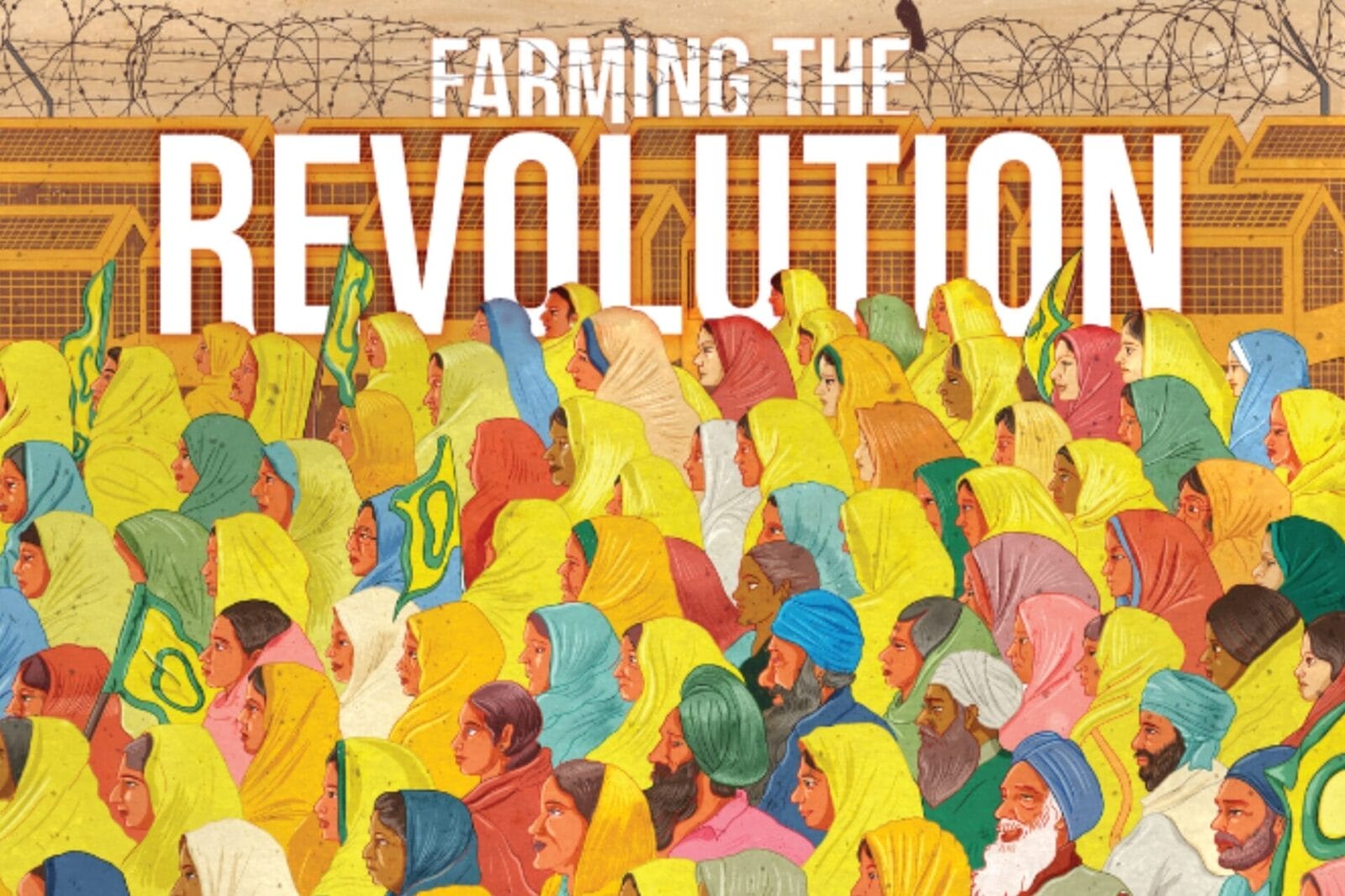 Illustration of a large crowd of people, mostly women in colorful headscarves, facing left. Barbed wire and fencing appear in the background. Large text reads 