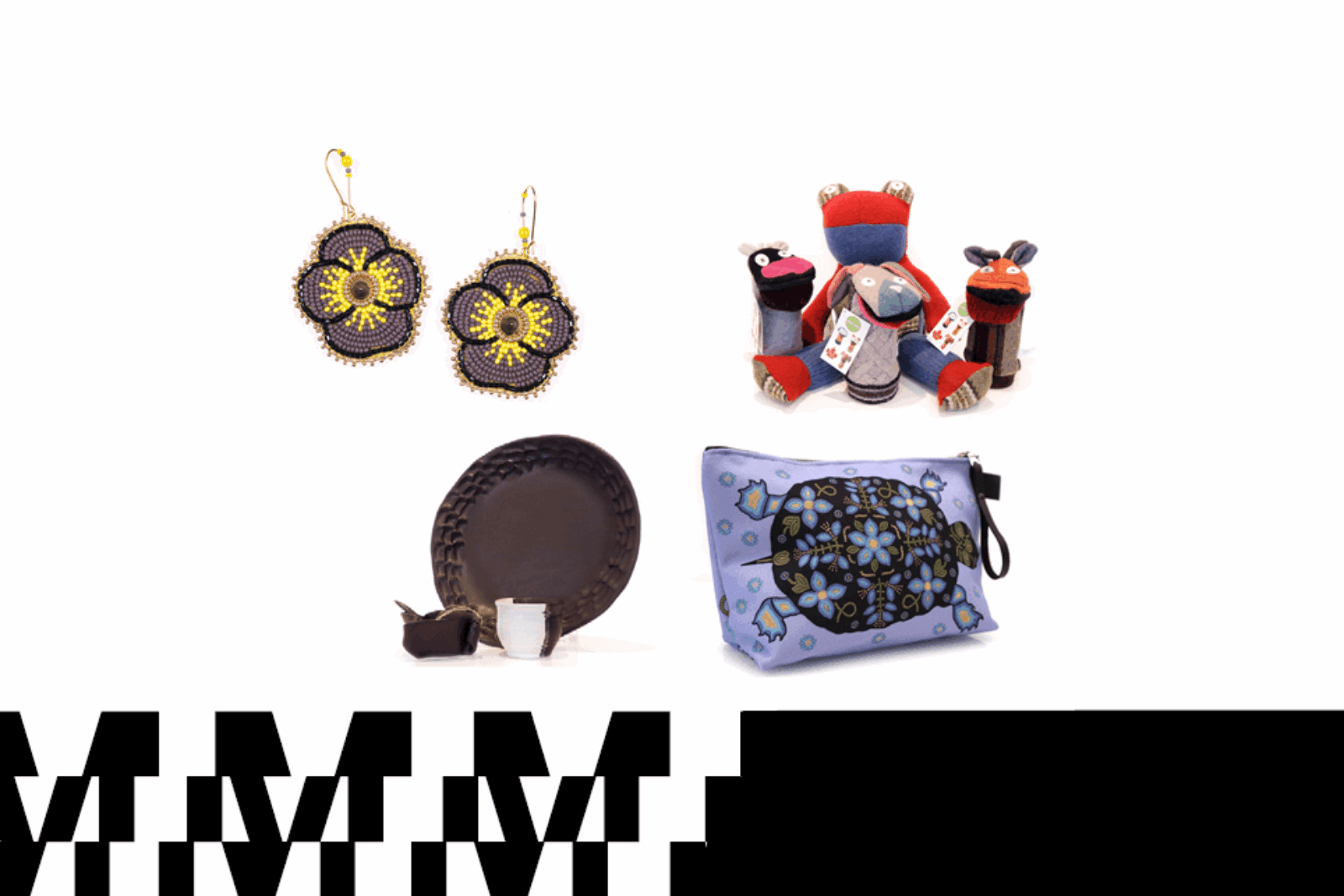 The image displays four handmade items: a pair of yellow and purple beaded earrings, a group of three small stuffed animal figures wearing colorful vests, a brown oval plate with a textured rim next to two small white ceramic cups, and a blue pouch with black floral designs.