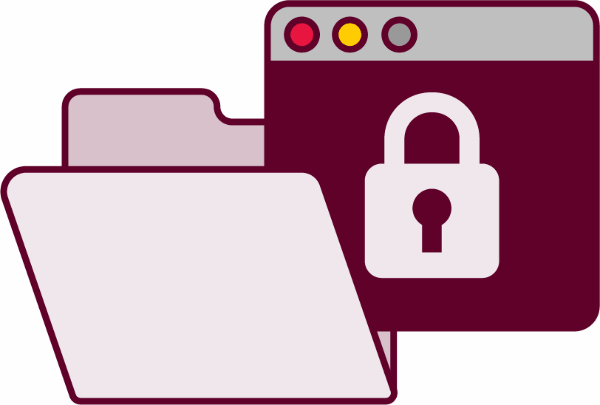 An illustration of an open folder icon and a browser window with a padlock symbol, representing secure or protected files. The folder and window have a maroon color scheme.