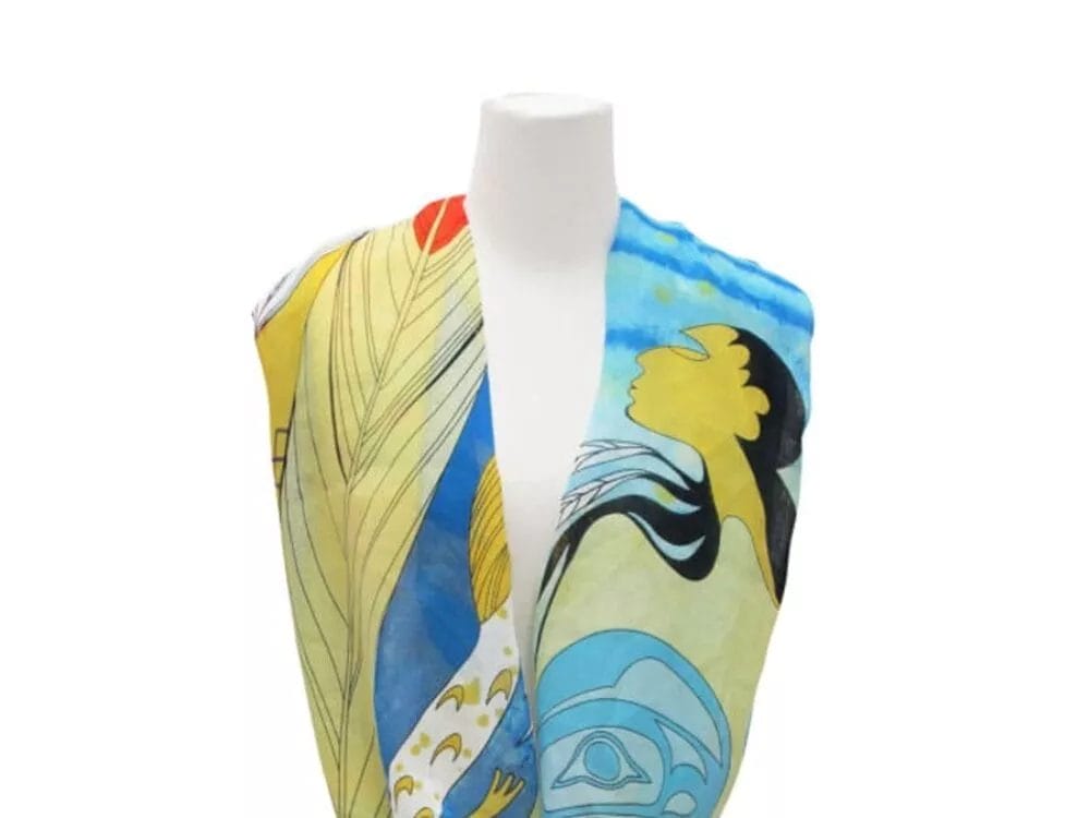 A mannequin showcases the Infinity Shawl with Maxine Noel Artwork, adorned with abstract art designs featuring faces, shapes, and vibrant colors like blue, yellow, red, and black.