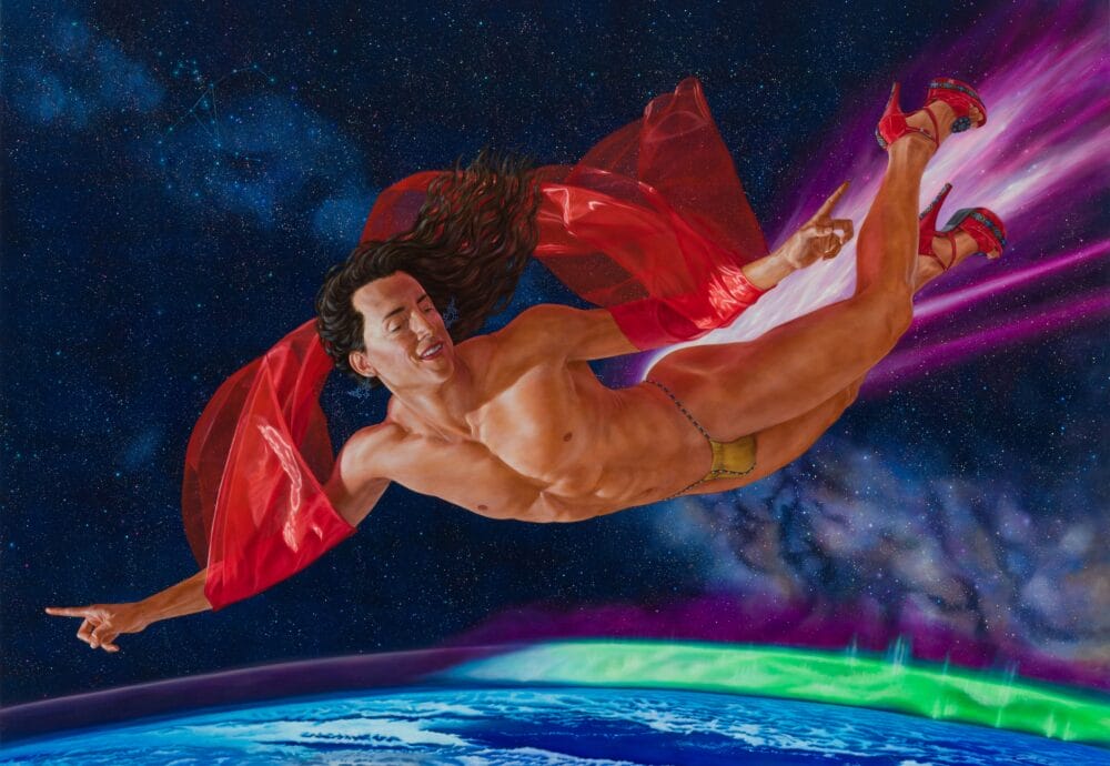 A muscular person with long hair, wearing red high heels, sheer red fabric, and gold underwear, floats above Earth in space amid colorful lights and stars—a celestial vision inspired by The 2025 Governor General’s Awards in Visual and Media Arts.