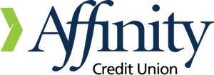 The image shows the Affinity Credit Union logo, featuring a green geometric arrow symbol to the left of "Affinity" in large blue font and "Credit Union" in smaller black font below, evoking a sense of community like a round dance.
