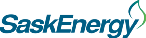 SaskEnergy logo featuring the company name in blue text with a green and blue flame-shaped graphic on the right, evoking a sense of unity similar to a round dance.