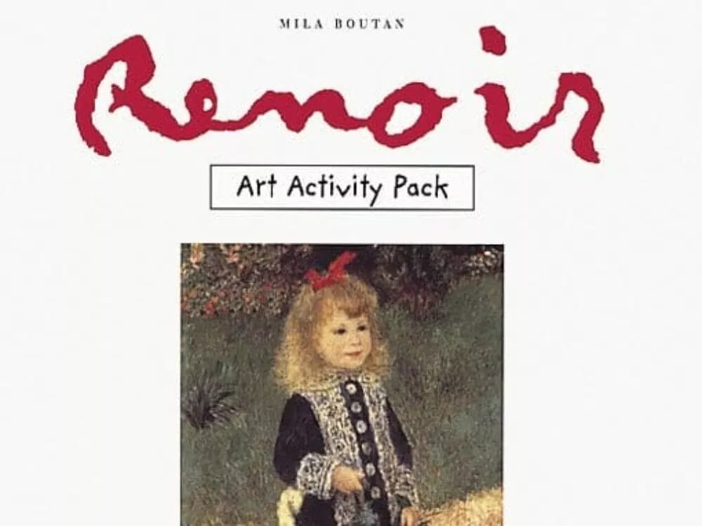 A cover image of Renoir Art Activity Pack. The cover features a painting of a young girl with blonde hair wearing a blue and white dress and a red bow, standing in a garden. A red banner reads: 
