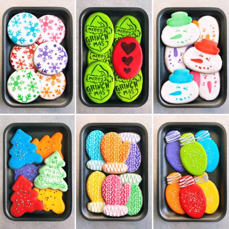 A delightful collection of six trays featuring colorful, Christmas-themed cookies perfect for Holiday Bazaart 2024. Enjoy snowflakes, Grinch faces, snowmen, Christmas trees, stockings, and ornaments all vibrantly decorated with festive icing.