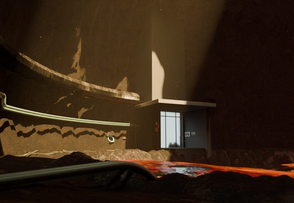 A small, modern door with a glass window is set into a rocky, cave-like wall, illuminated by a beam of sunlight. Pipes run along the walls and a pool of glowing red liquid covers the cave floor.