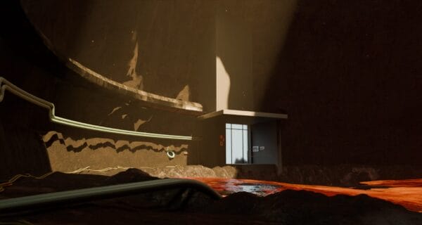 A small, modern door with a glass window is set into a rocky, cave-like wall, illuminated by a beam of sunlight. Pipes run along the walls and a pool of glowing red liquid covers the cave floor.