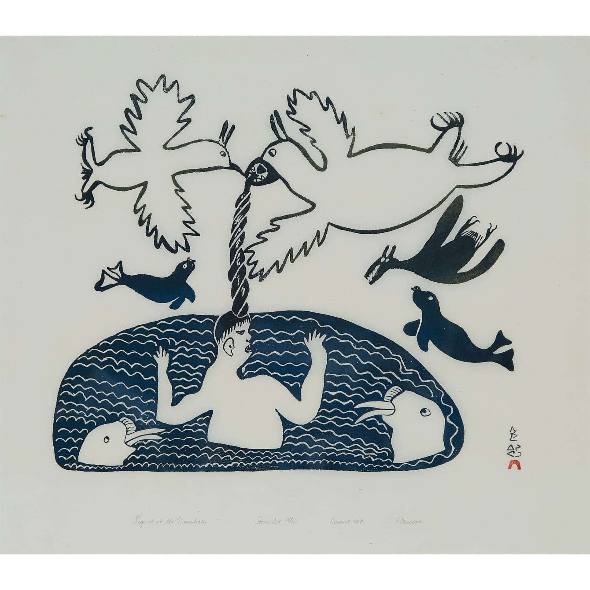 A person with raised arms swims in wavy water among seals and fish, while two large birds above pull on a twisted rope emerging from the person’s mouth. Two smaller birds fly nearby. Simple blue and black lines create striking pop culture tribute artwork.