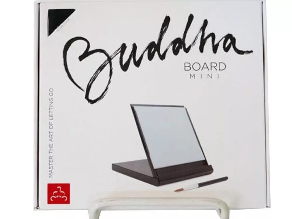 Image of a Buddha Board - Mini in its packaging. The box displays an image of the board along with stylized text stating 