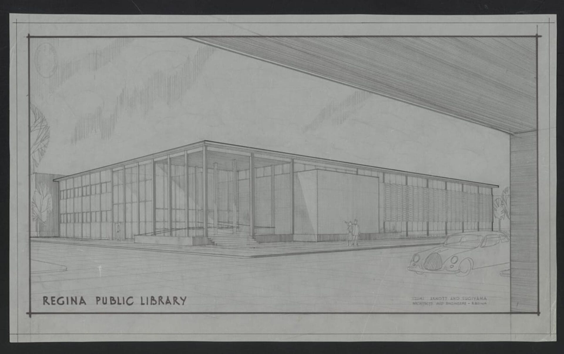 Architectural drawing of the Regina Public Library. The building blocks embody a modern design with large windows and a flat roof. The image includes a street with a classic car and a few human figures for scale. The architects are Izumi, Arnott, and Sugiyama.