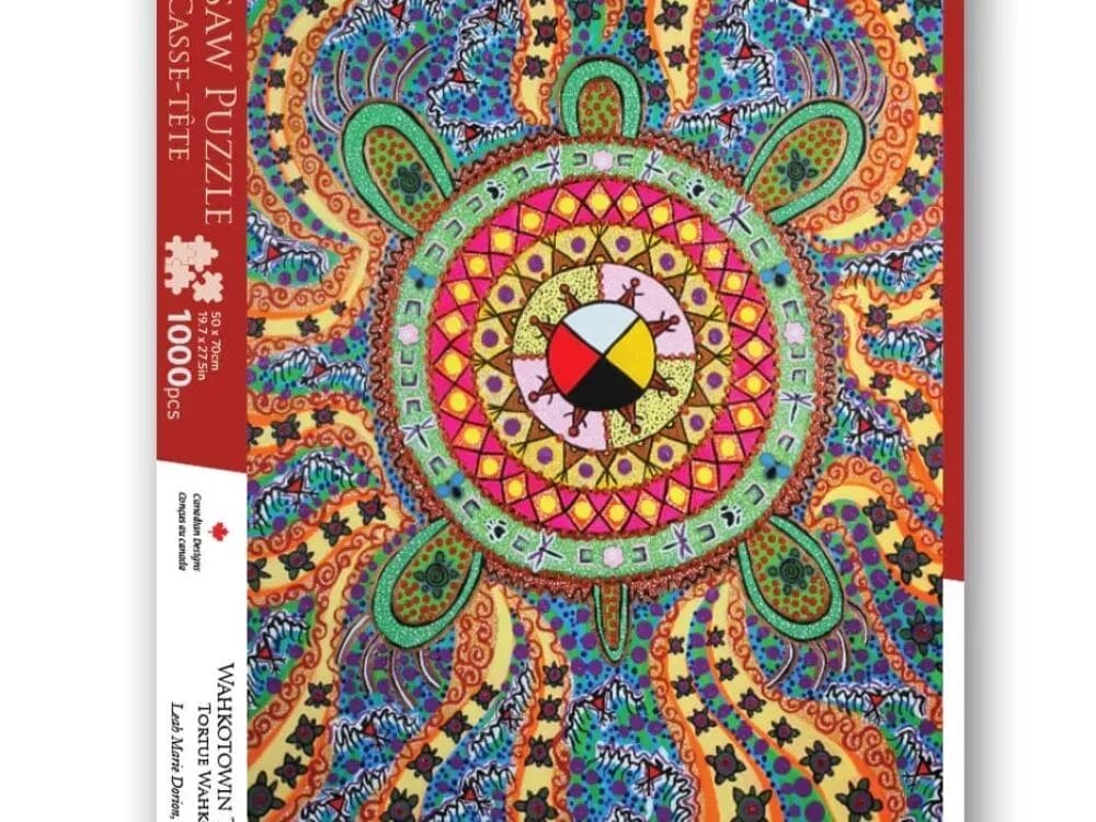 DORION - Puzzle, Wahkotowin Turtle: 1000-piece jigsaw featuring a vibrant circular mandala-style turtle design with colorful patterns; bilingual English-French text on the box sides.