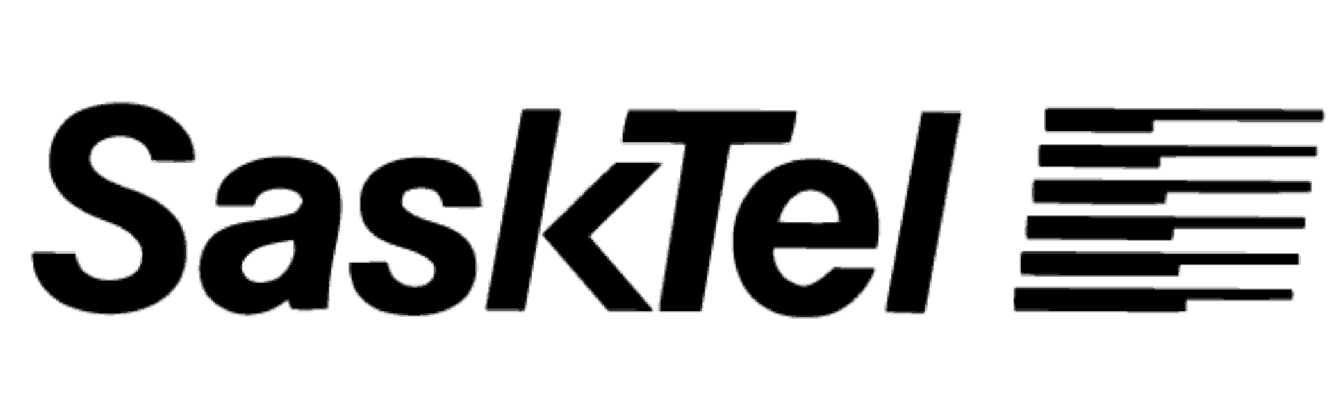 Le logo SaskTel comporte le mot « SaskTel » en lettres noires et grasses. À droite du texte, des lignes horizontales de différentes longueurs suggèrent un mouvement ou une vitesse. Le fond est transparent.