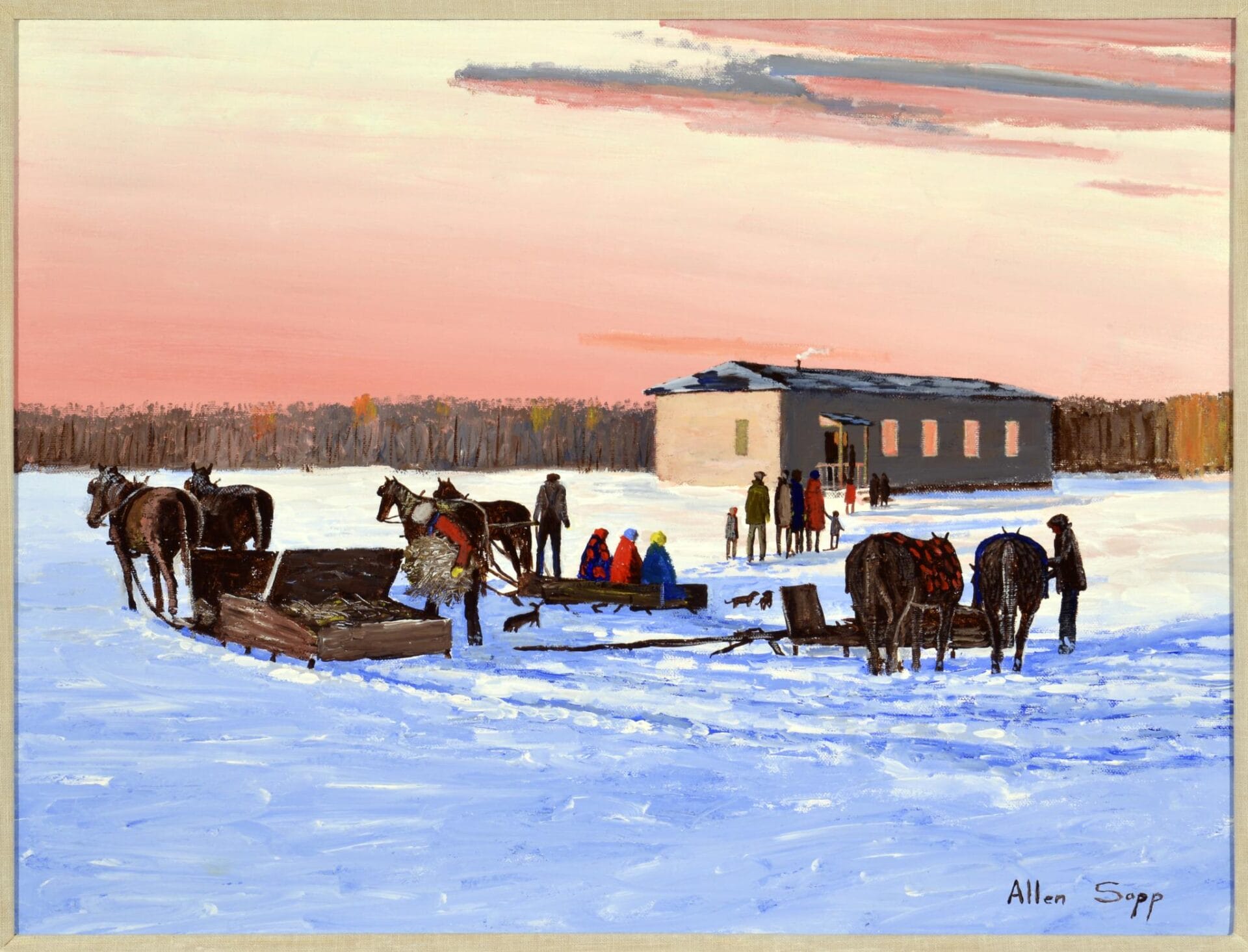 A winter scene depicts people in colorful clothing congregating near a building and horse-drawn carriages on a snow-covered landscape under a pink and blue sky. The building is situated at the edge of a forest, with tall trees in the background.