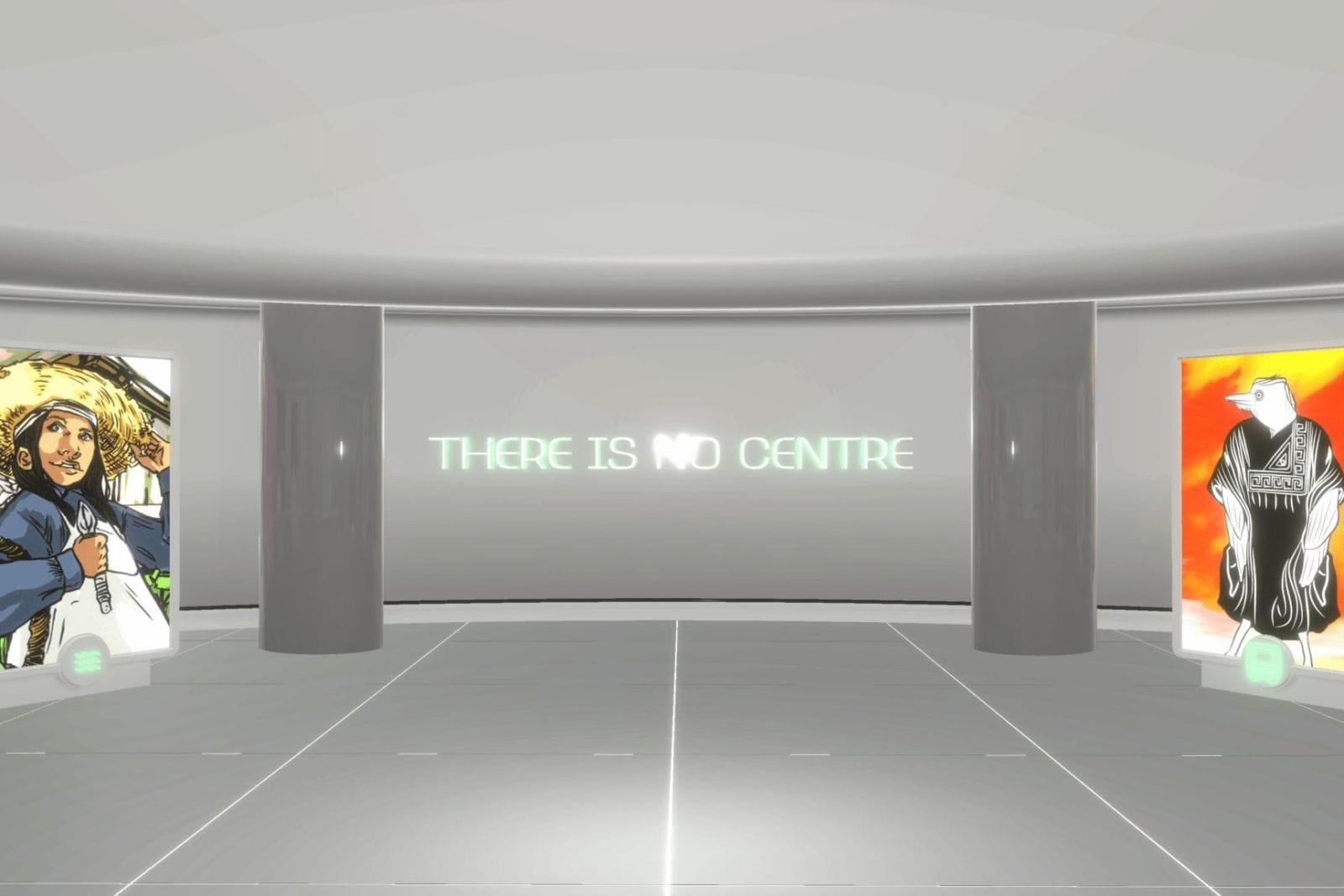 Screenshot of Digital exhibition: Katie Micak: THERE IS NO CENTRE. A virtual lobby space, with title 
