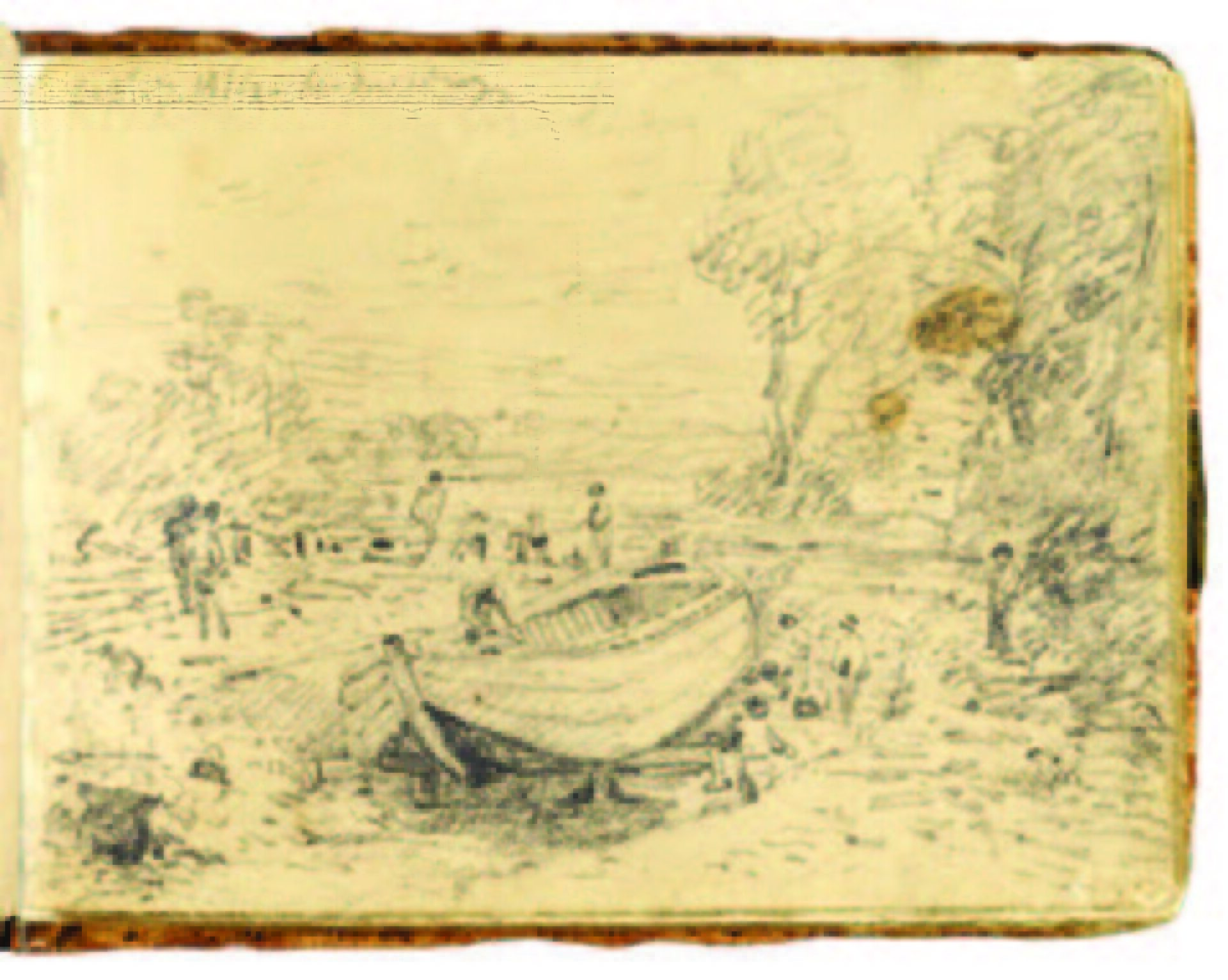 Un croquis au crayon détaillé représentant un bateau sur un rivage avec plusieurs personnes à proximité. Certains travaillent autour du bateau, tandis que d’autres sont dispersés dans le paysage, qui comprend des arbres et des collines lointaines. La scène semble pastorale et sereine.