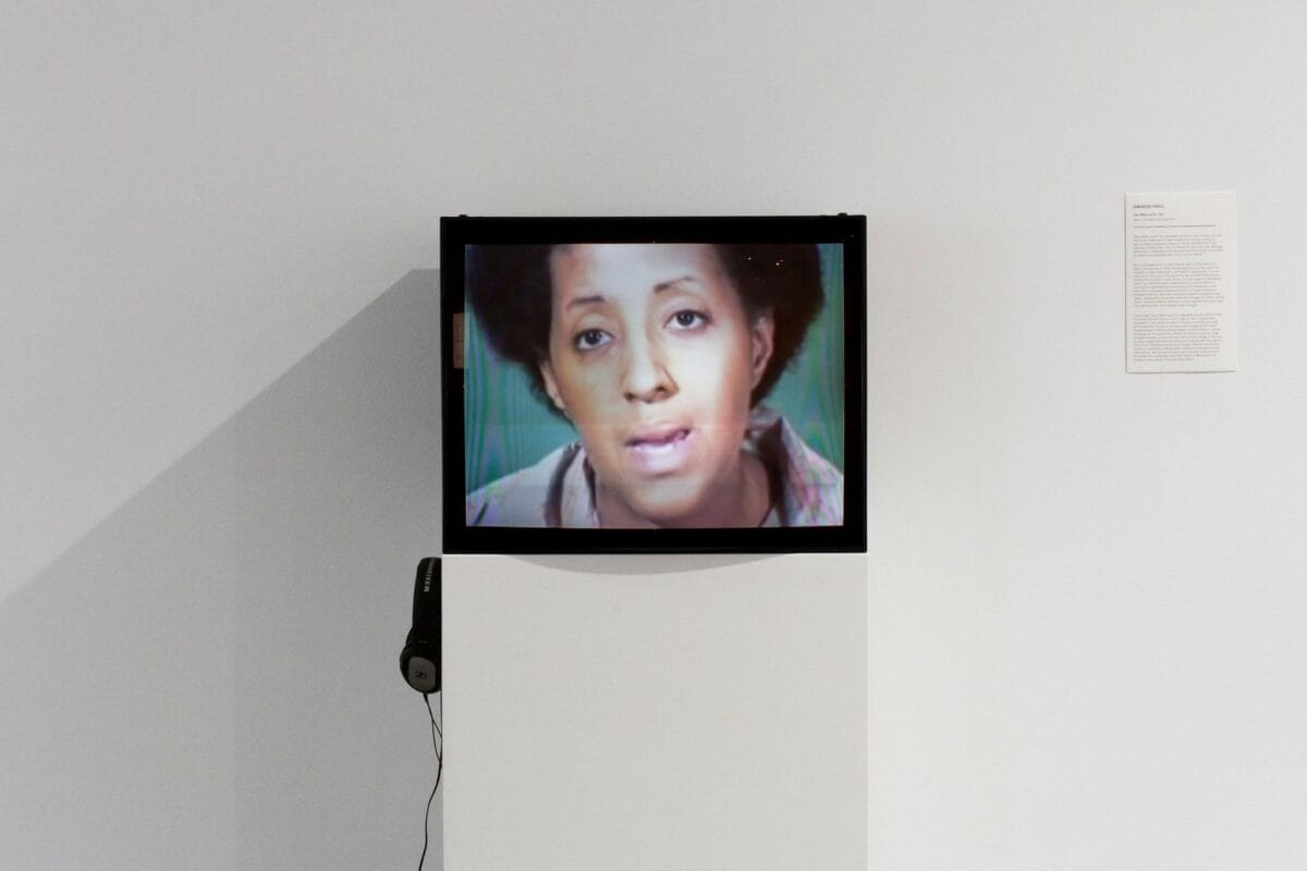 Picture of square TV playing Howardena Pindell's 