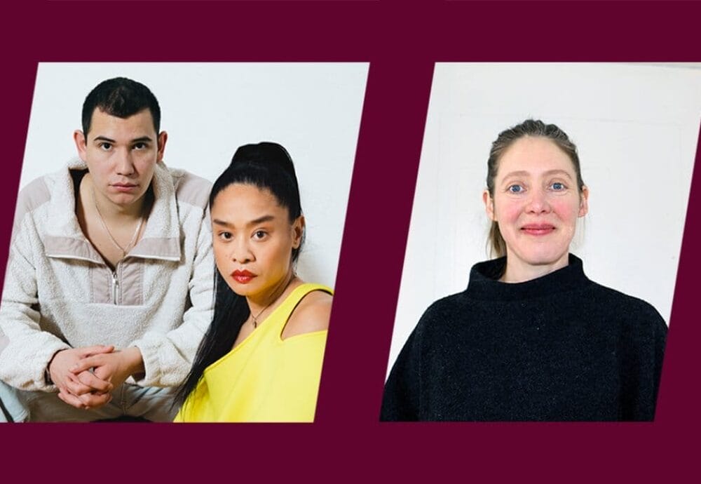 Cropped image with artists Stephanie Comilang, Simon Speiser, and Kara Uzelman over a dark red background.